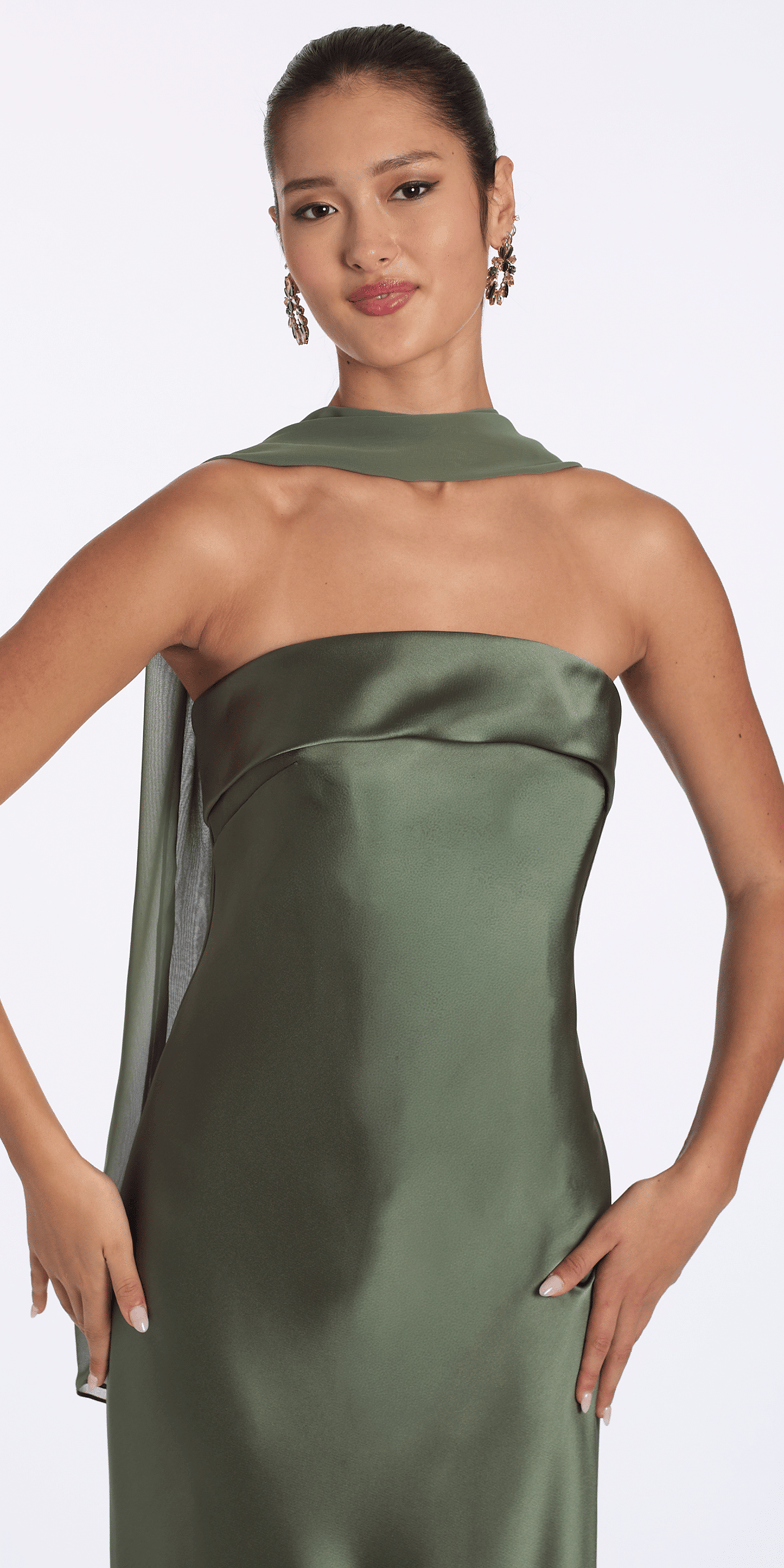 Camille La Vie Strapless Satin Cuff Column Dress with Chiffon Shawl