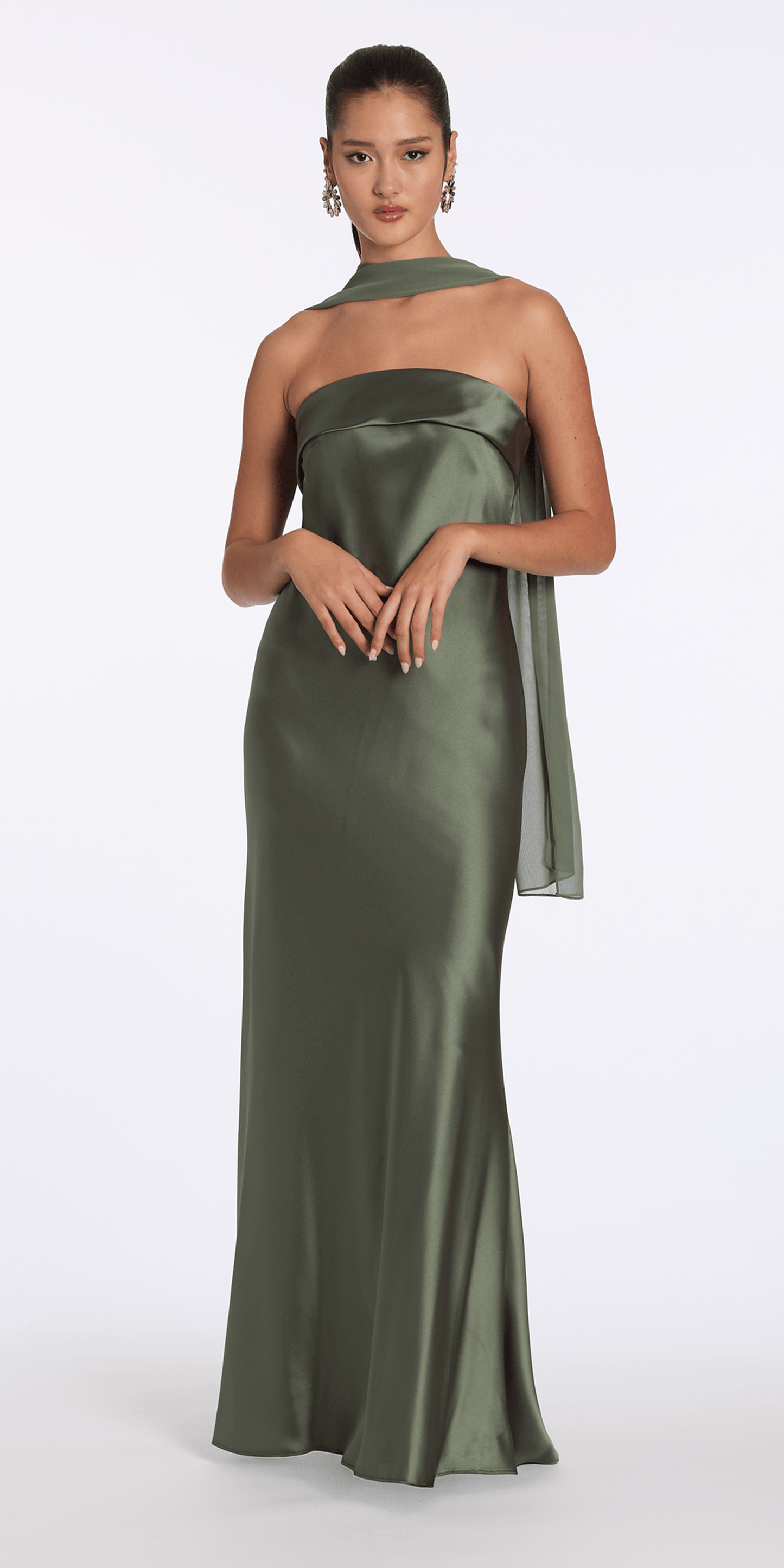 Camille La Vie Strapless Satin Cuff Column Dress with Chiffon Shawl missy / 2 / olive