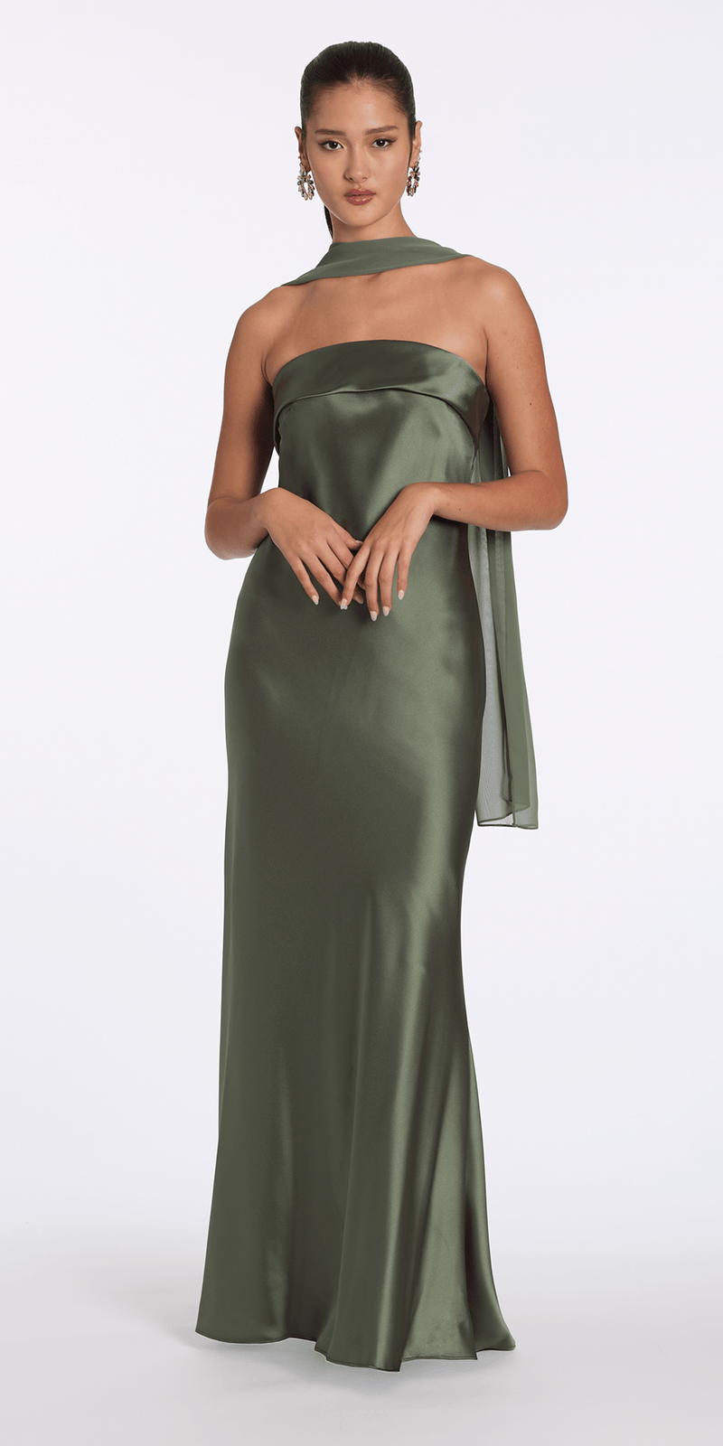 Camille La Vie Strapless Satin Cuff Column Dress with Chiffon Shawl missy / 2 / olive