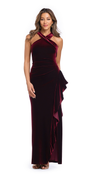 burgundy/size/4/missy/Camille La Vie/Velvet Crossover Halter Column dress with Side Cascade/front