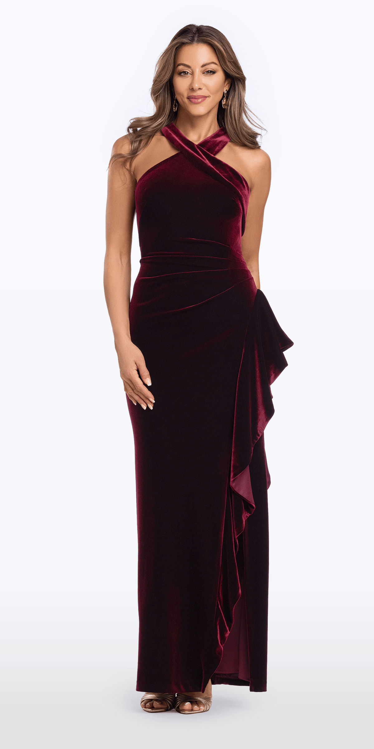 Camille La Vie Velvet Crossover Halter Column Dress with Side Cascade