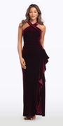 Camille La Vie Velvet Crossover Halter Column Dress with Side Cascade