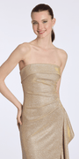 gold/size/6/missy/Camille La Vie/ Strapless Cuff Glitter Knit Column Dress with Side Cascade/closeup 