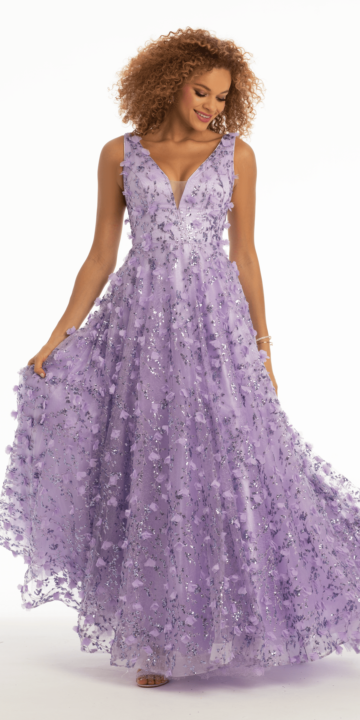 Camille La Vie 3D Glitter Plunging Tulle Ballgown