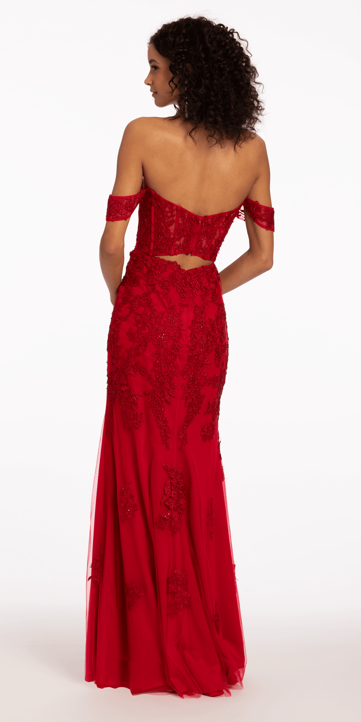 red/size/00/missy/Camille La Vie/Off the Shoulder Embroidered Corset Column Dress with Keyhole Back/back