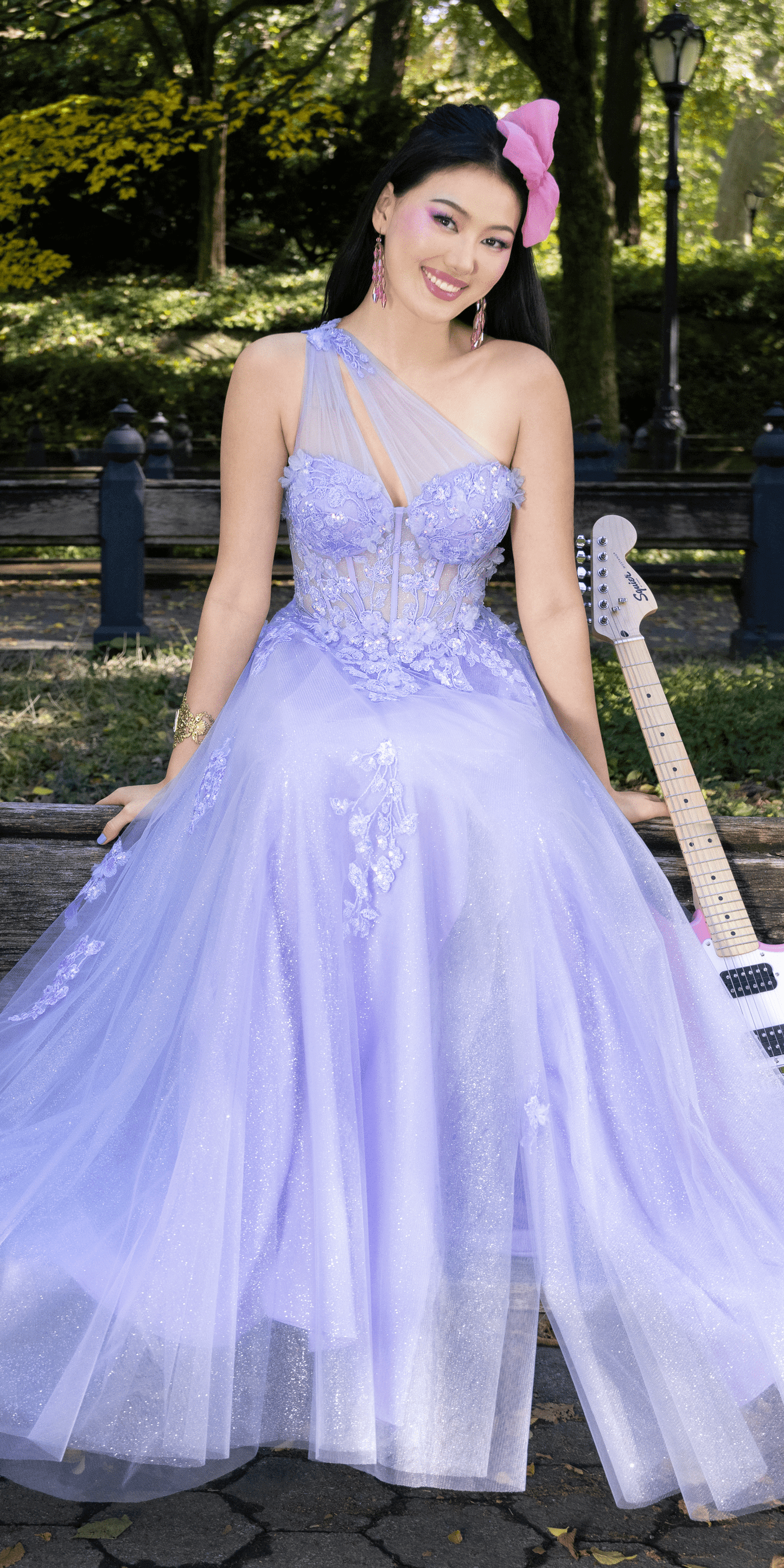 Camille La Vie /Glitter Mesh One Shoulder Corset Ballgown with Side Slit/ missy/ size/ 0 /lilac/ front