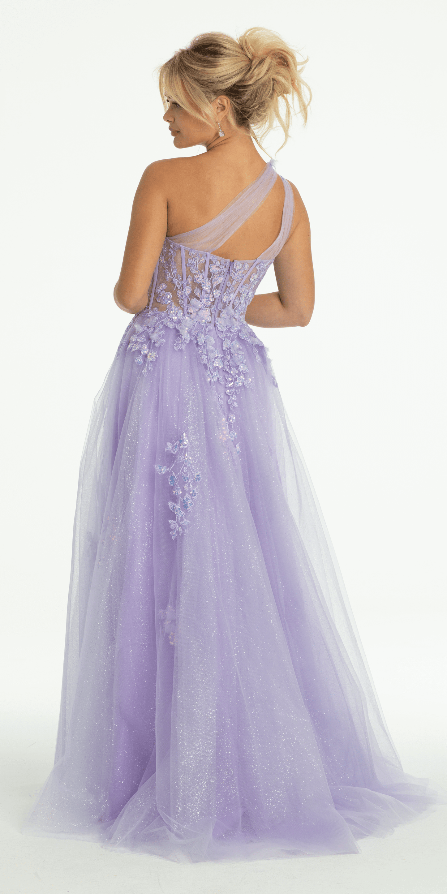 Camille La Vie /Glitter Mesh One Shoulder Corset Ballgown with Side Slit/ missy/ size/ 0 /lilac/ back