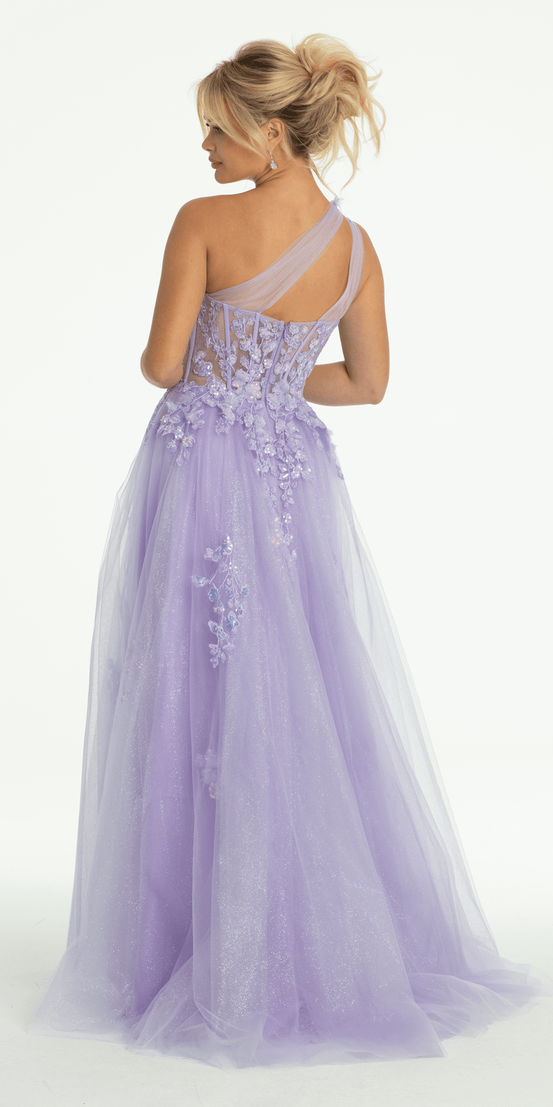 Glitter Mesh One Shoulder Corset Ballgown with Side Slit Image 5