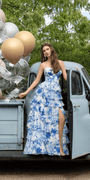 Strapless Floral Chiffon Tiered Ballgown with Side Slit Image 2