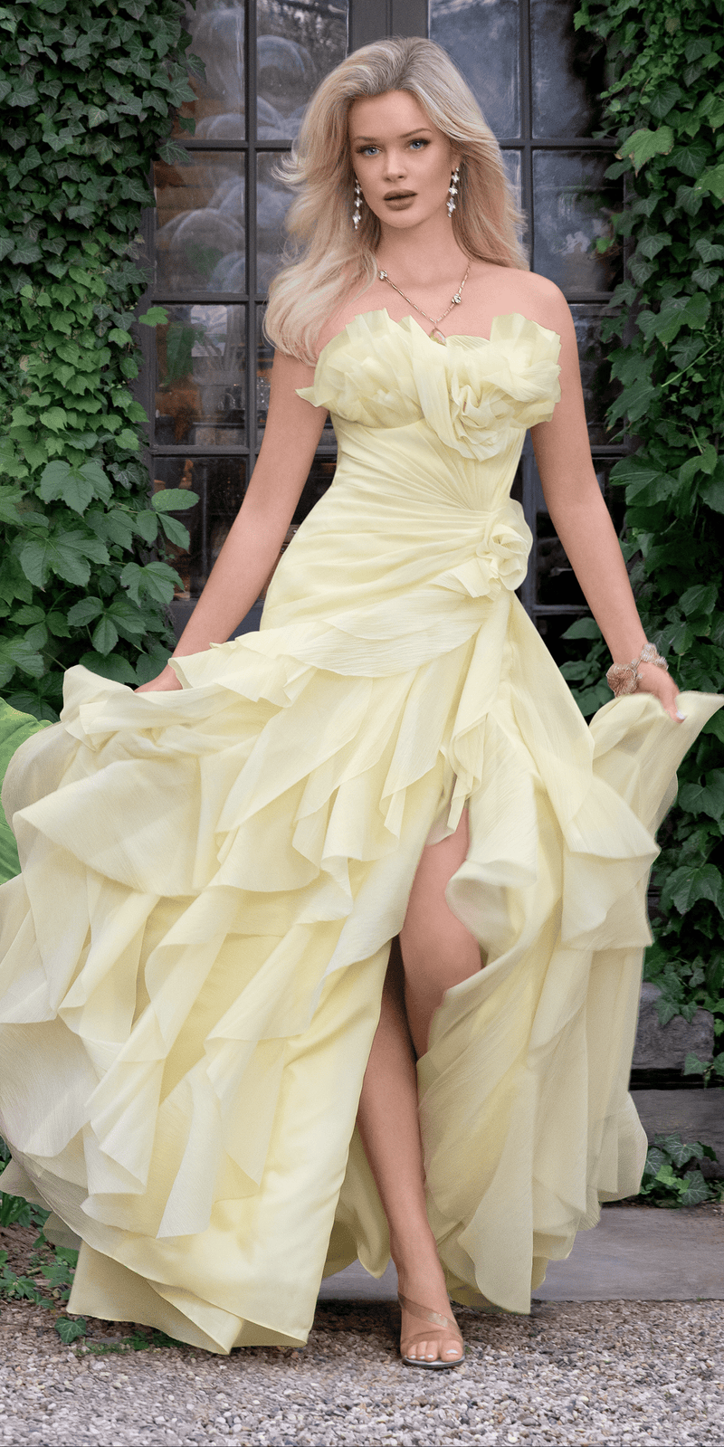 Strapless Crinkle Chiffon Pleated A line Dress with Tendrils Camille La Vie Strapless Crinkle Chiffon Pleated A line Dress with Tendrils Camille La Vie