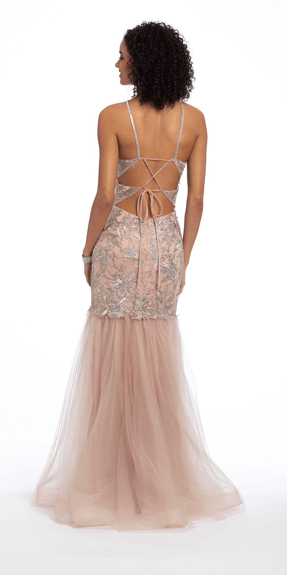 light-gold/size/0/missy/Camille La Vie/Halter Floral Embroidered Tulle Mermaid Dress/back