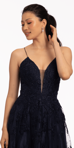 Mesh Applique Plunging Lace Up A Line Dress Image 2