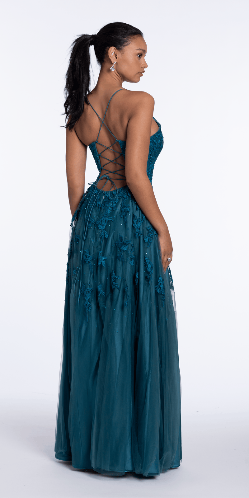 Mesh Applique Plunging Lace Up A Line Dress Image 2