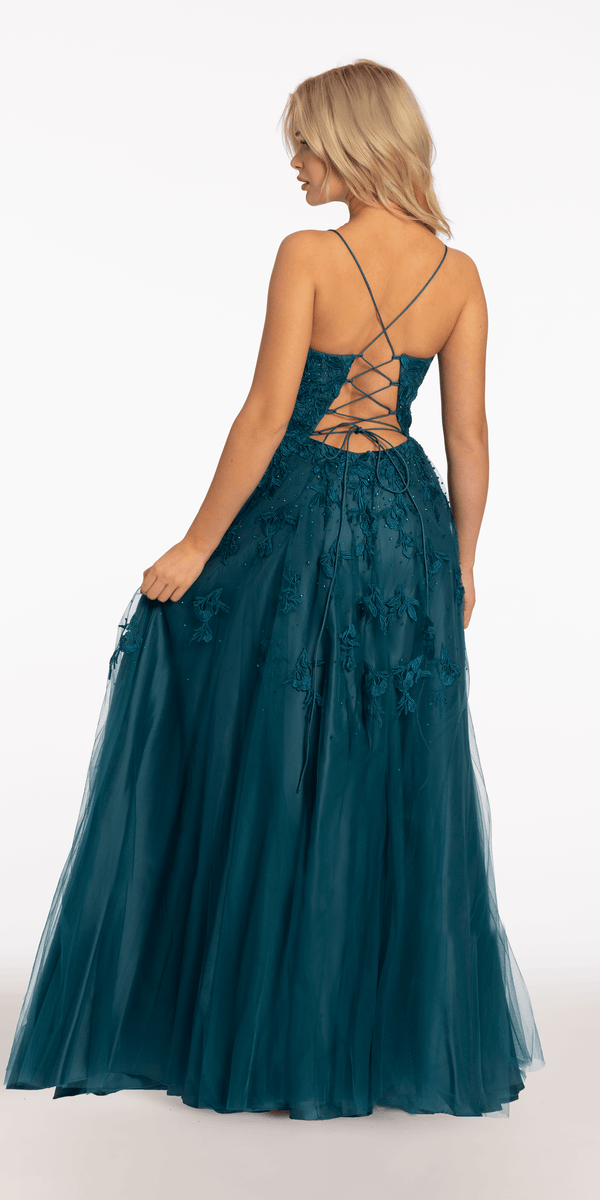 Mesh Applique Plunging Lace Up A Line Dress – Camille La Vie