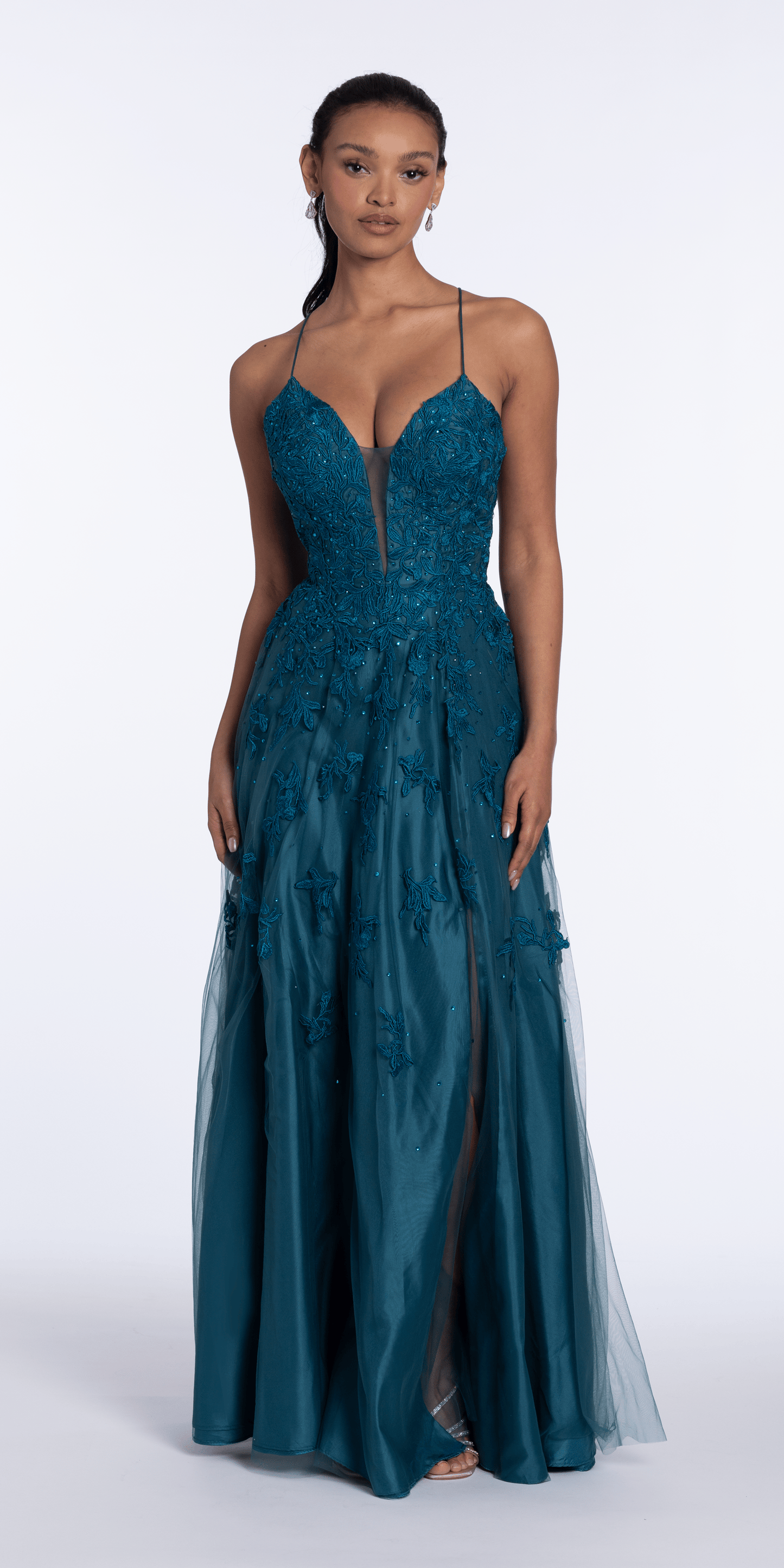 teal/size/4/missy/Camille La Vie/Mesh Applique Plunging Lace Up A Line Dress/front