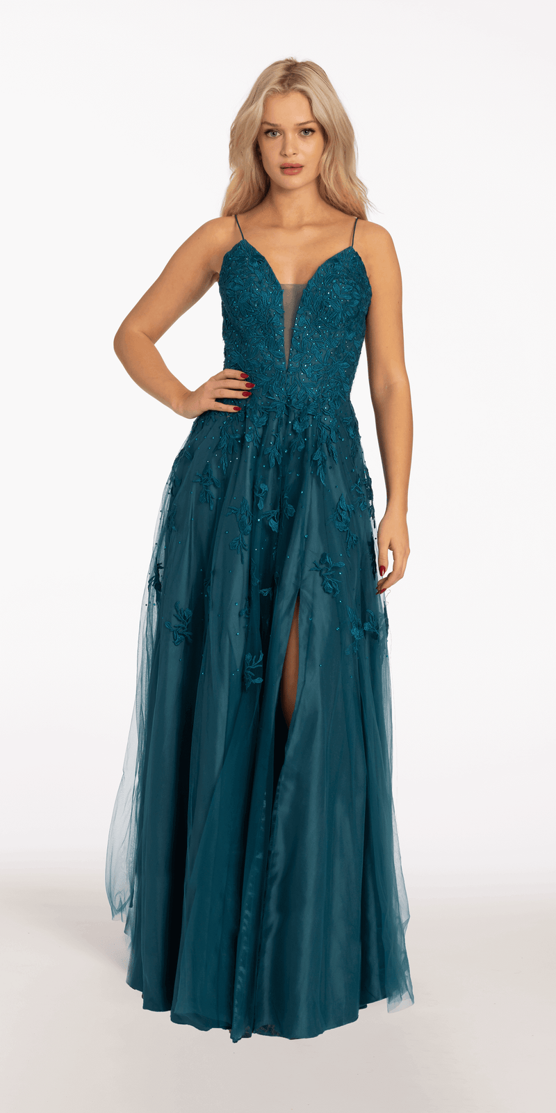 Mesh Applique Plunging Lace Up A Line Dress Image 1