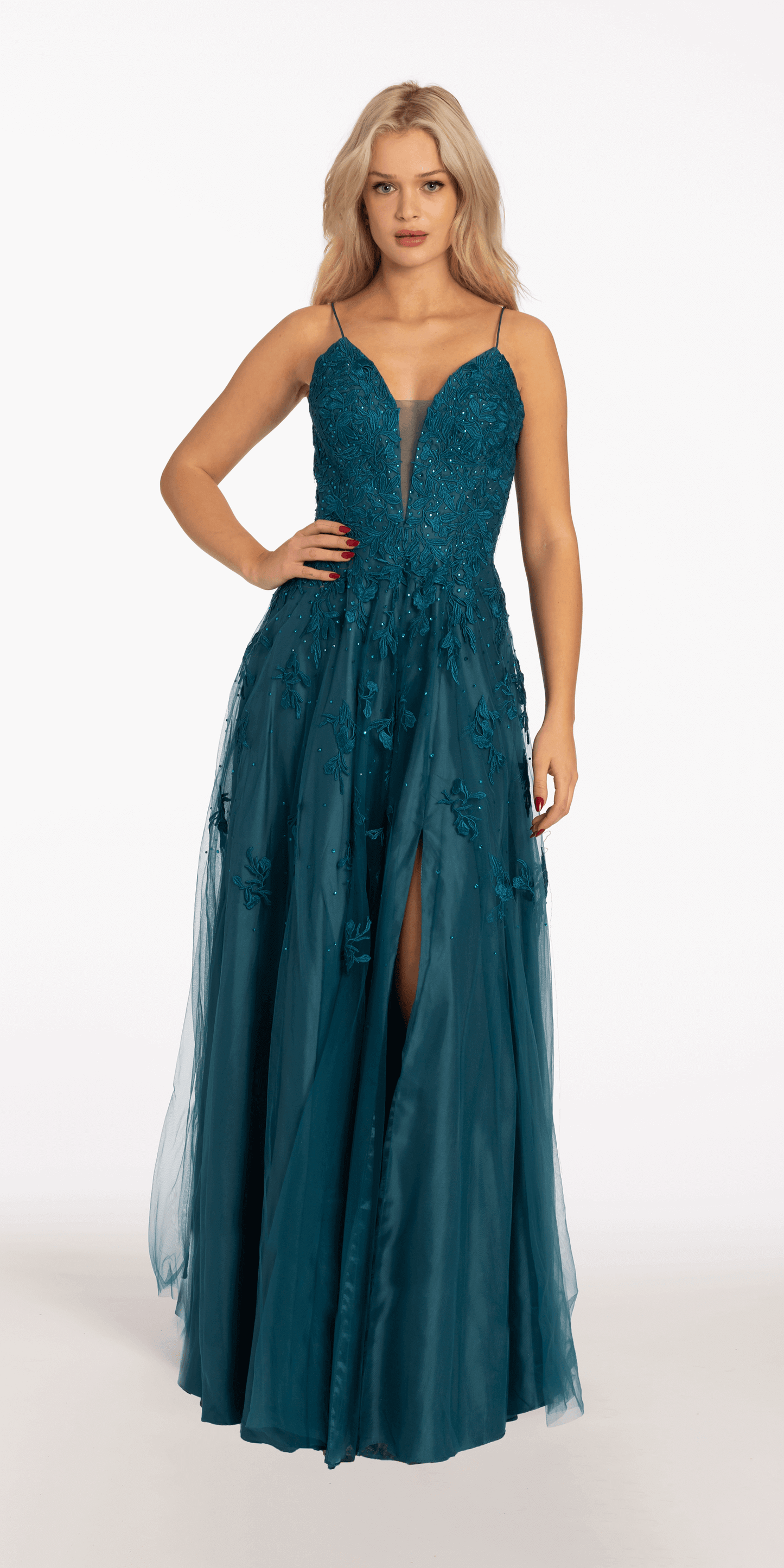 teal/size/4/missy/Camille La Vie/Mesh Applique Plunging Lace Up A Line Dress/front alt