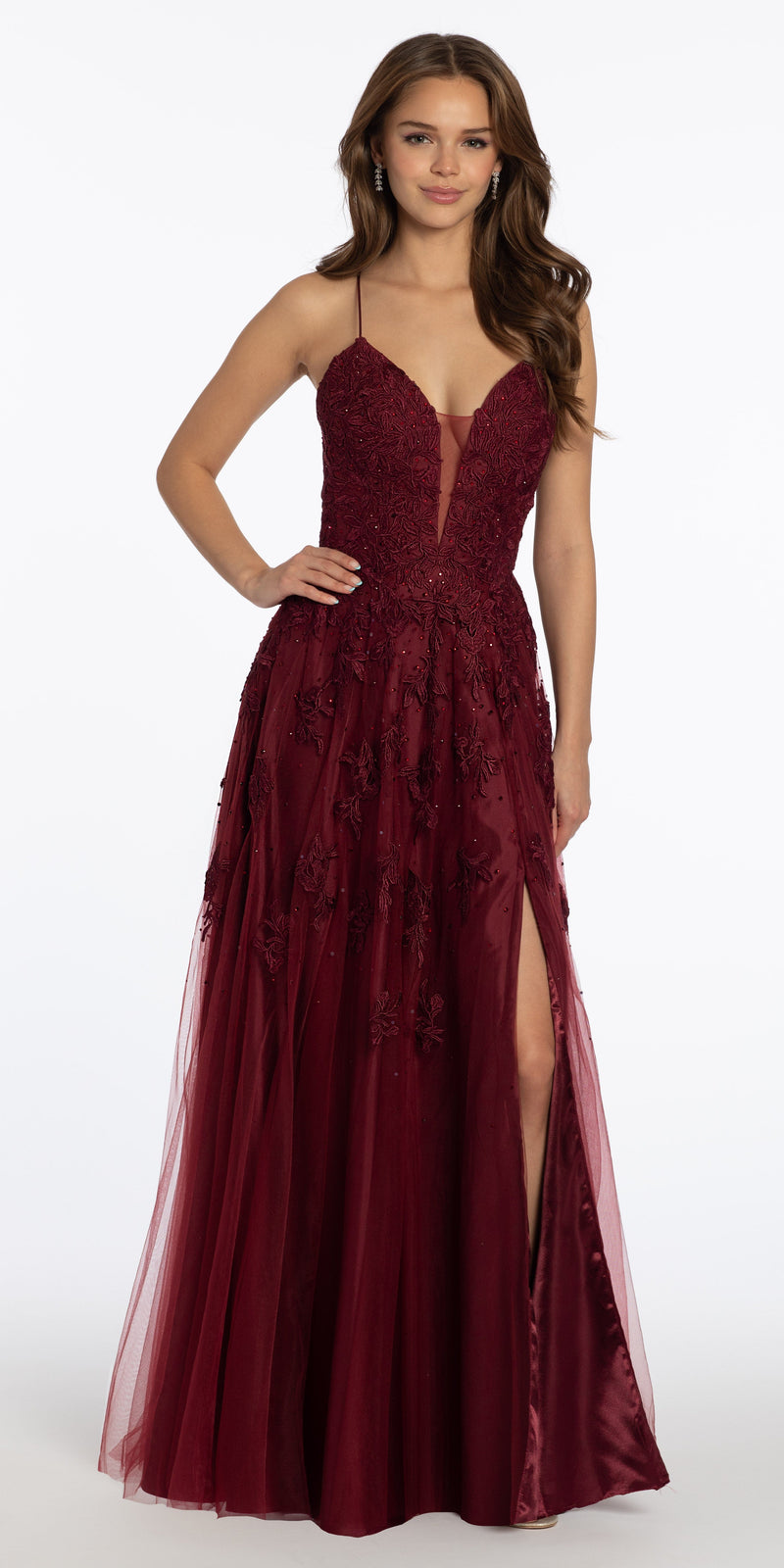 Mesh Applique Plunging Lace Up A Line Dress Image 5