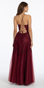 Mesh Applique Plunging Lace Up A Line Dress Image 6