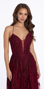 Mesh Applique Plunging Lace Up A Line Dress Image 4