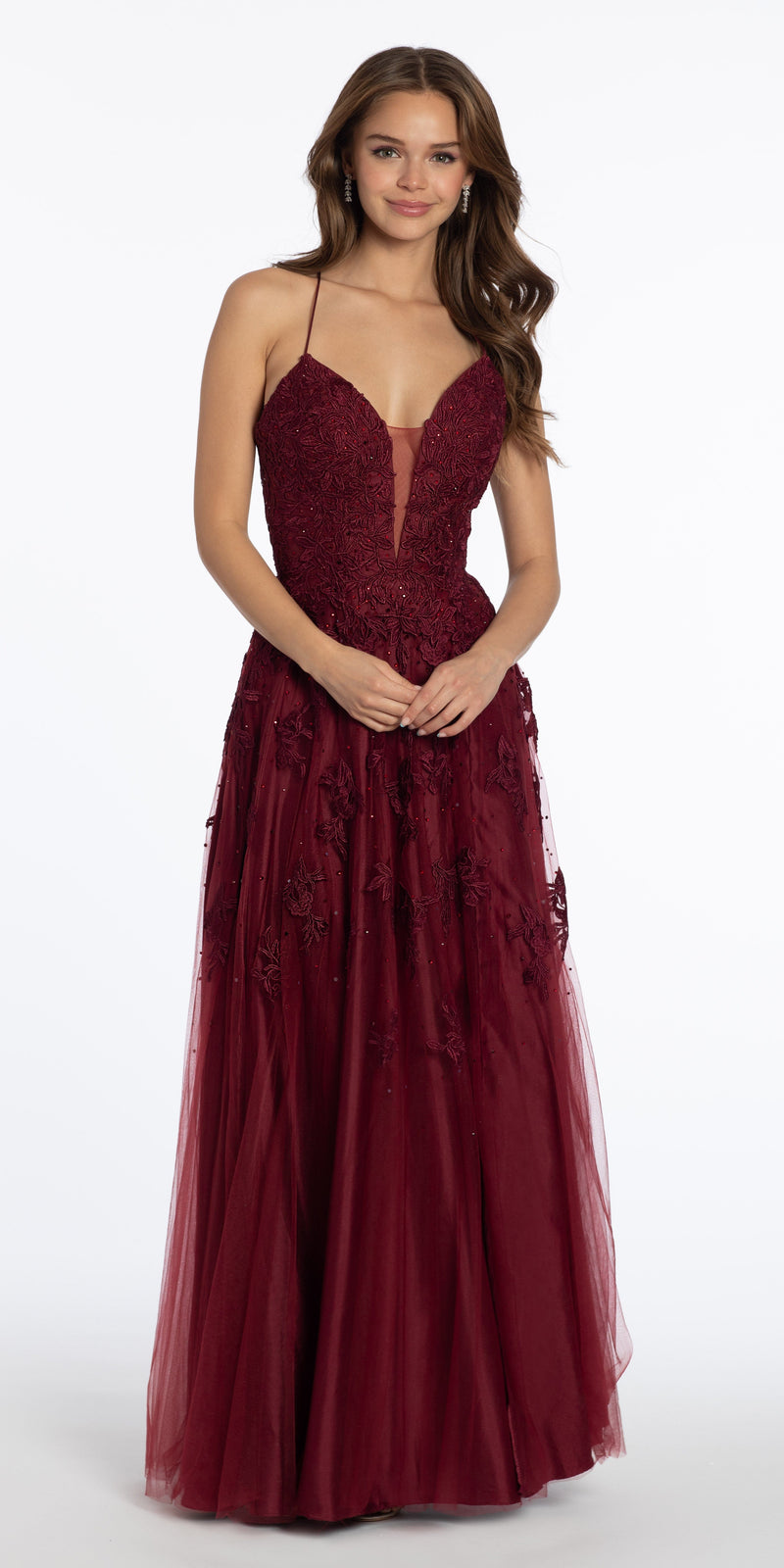 Mesh Applique Plunging Lace Up A Line Dress – Camille La Vie