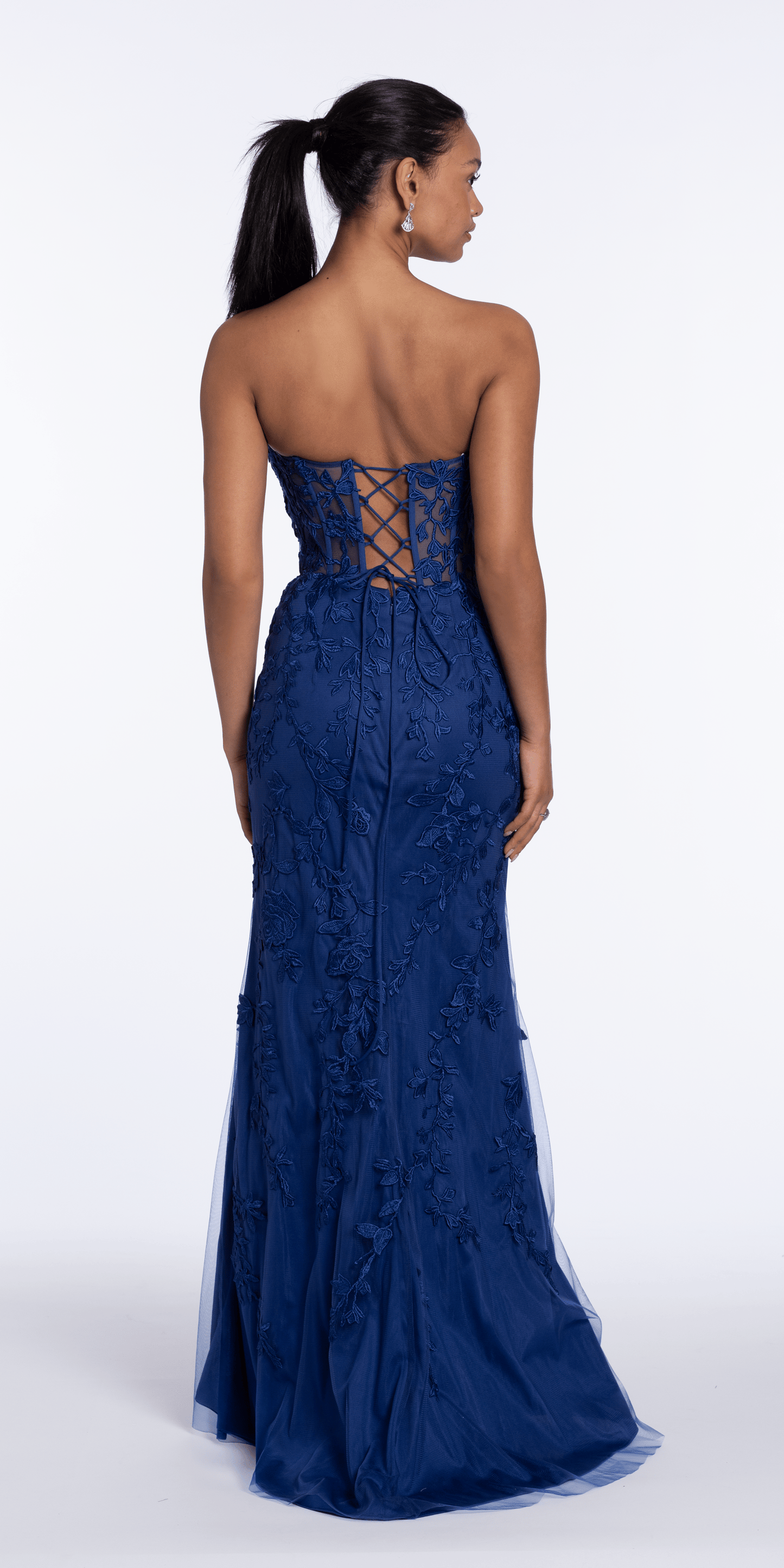 navy/size/6/missy/Camille La Vie/Strapless Mesh Embroidered Lace Up Back Column Dress/Back