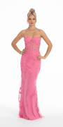 Strapless Mesh Embroidered Lace Up Back Column Dress Image 1
