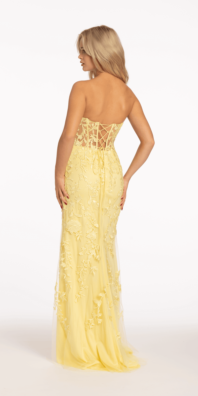 Strapless Mesh Embroidered Lace Up Back Column Dress Image 7