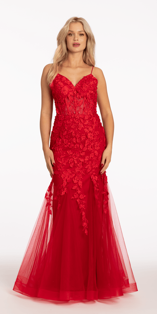 Beaded Embroidered Mesh Lace Trumpet Dress with Godets petite / 14 / red