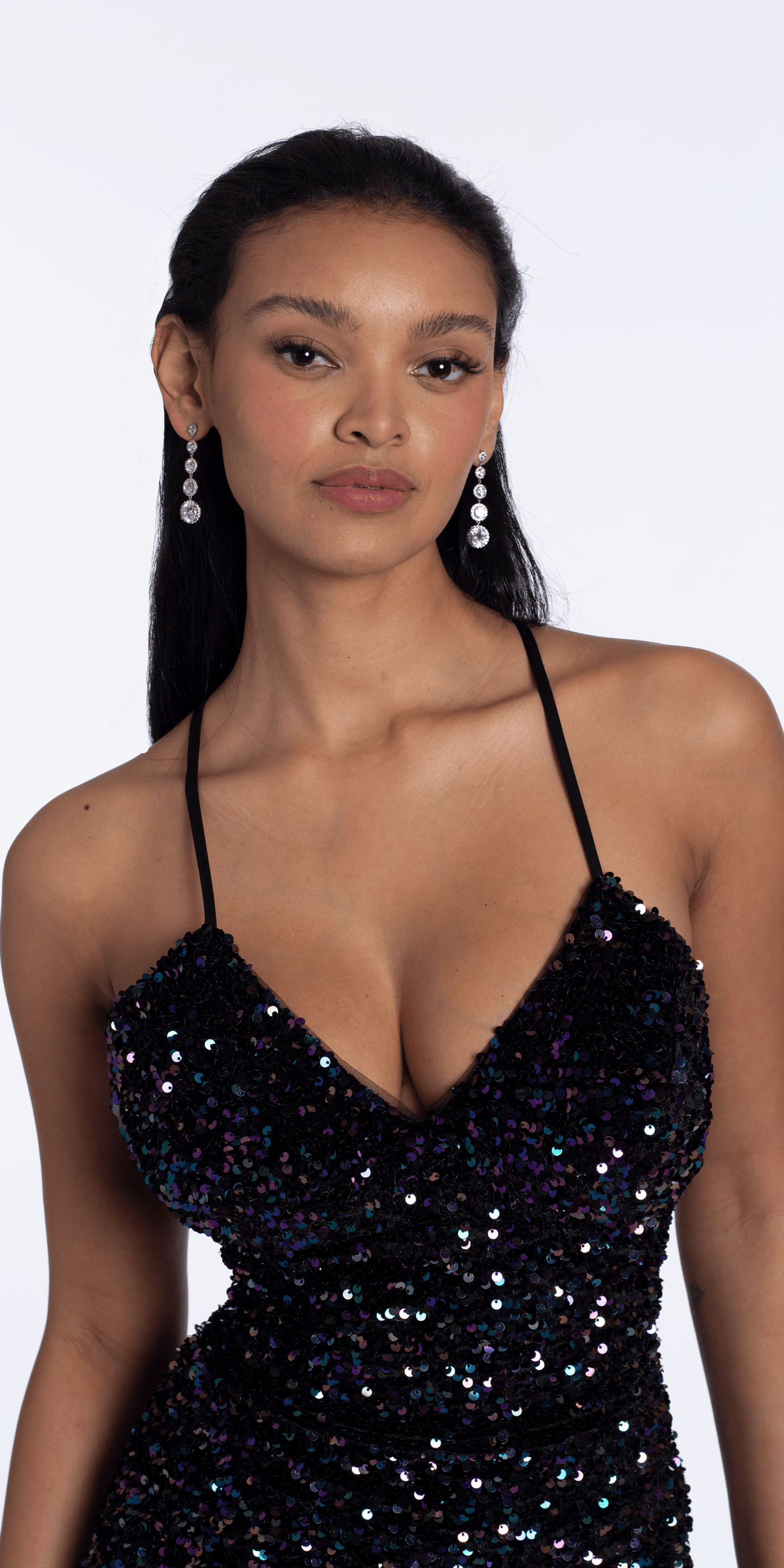 black/size/missy/0/Camille La Vie/Sequin Lace Up Dress with Side Slit /close up