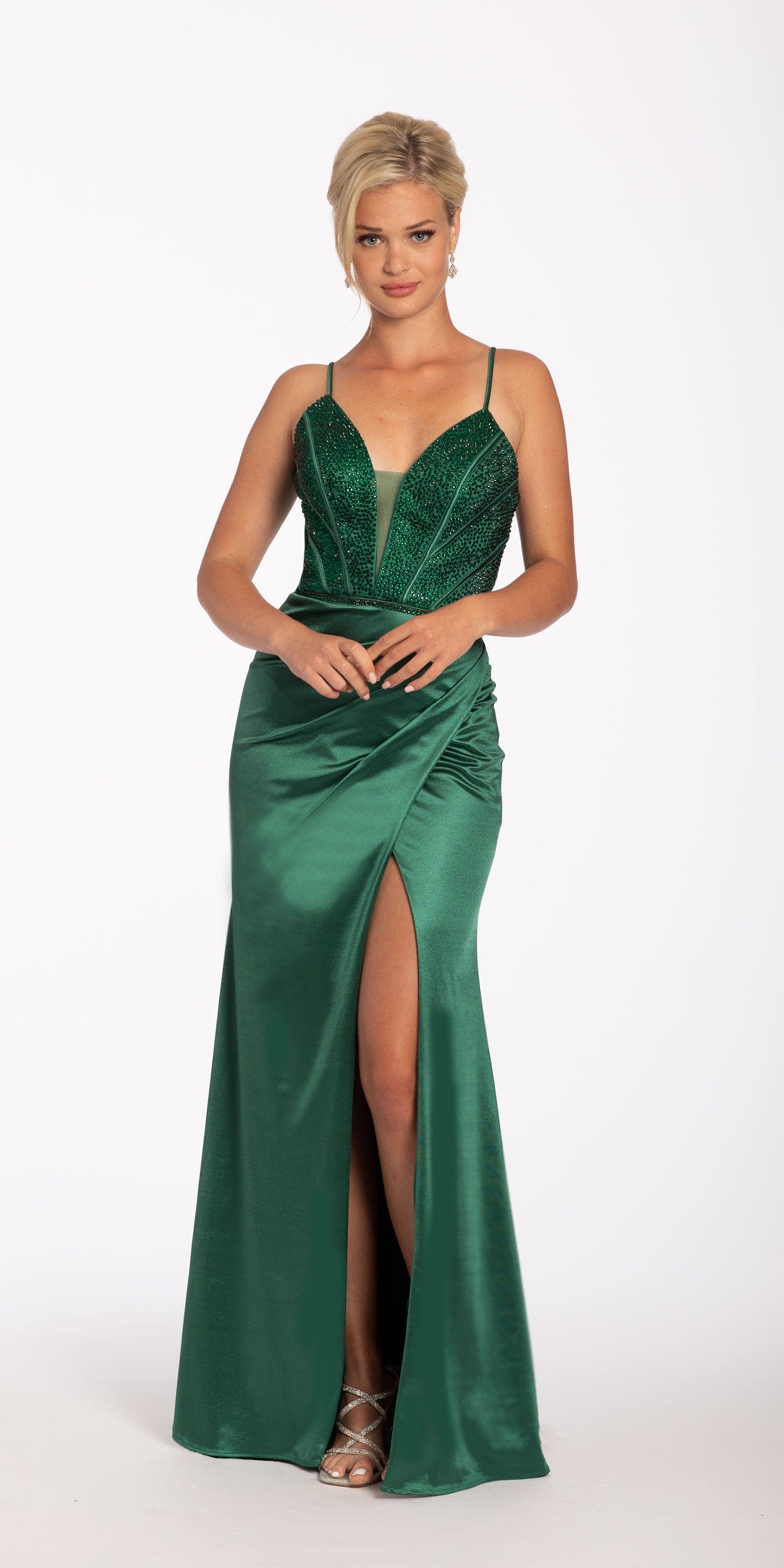Camille La Vie Plunging  Heat Set Stones Dress with Side Slit petite / 0 / emerald