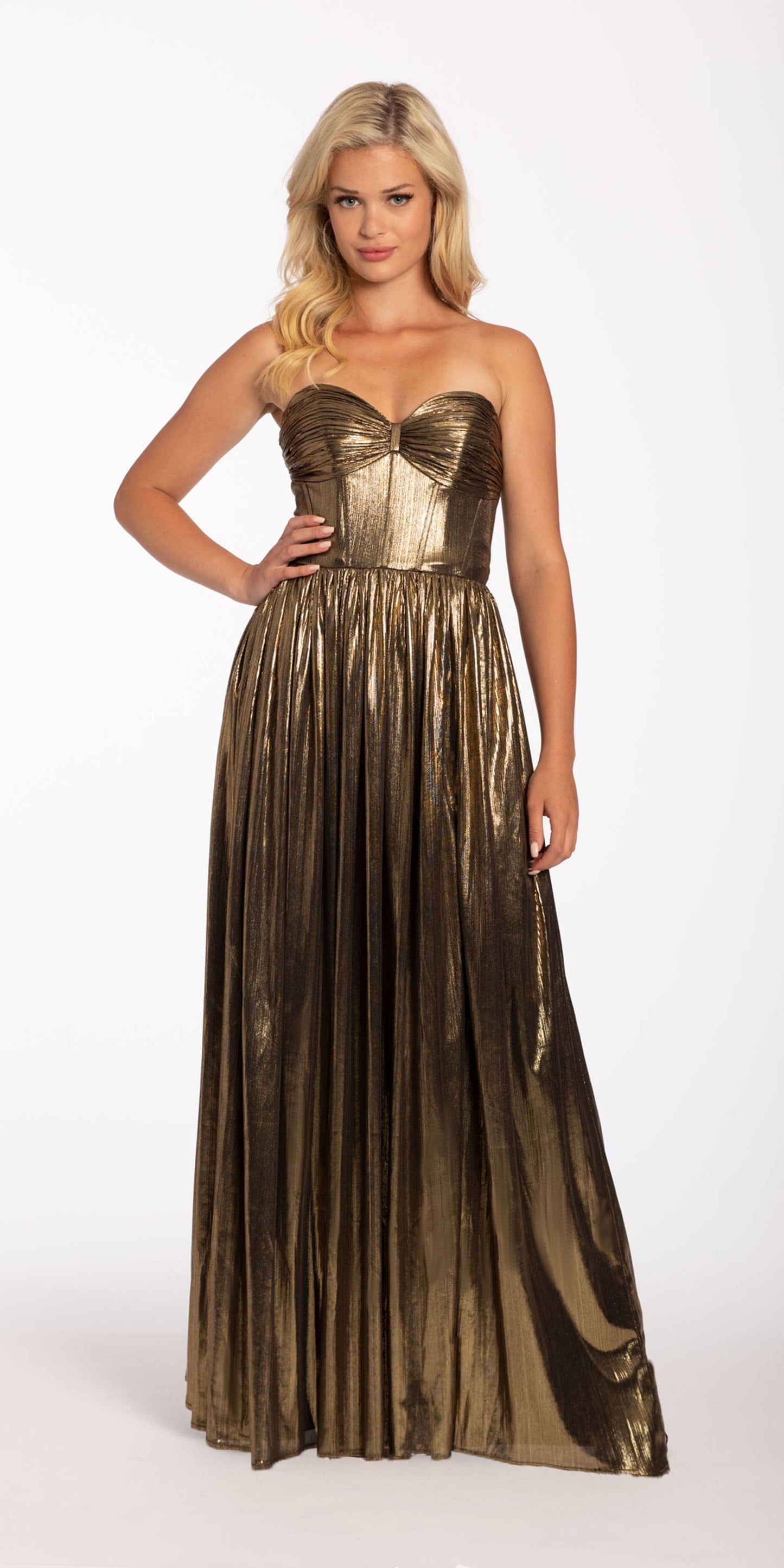 Camille La Vie Strapless Pleated Metallic Foil Lace Up Back Dress missy / 0 / gold
