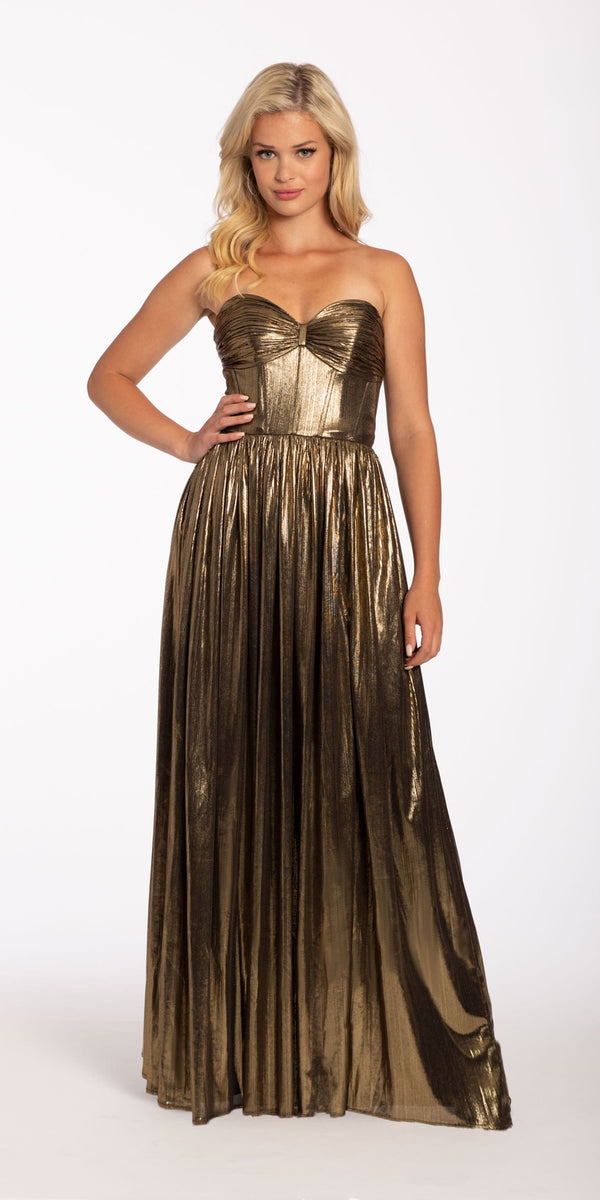 Strapless Pleated Metallic Foil Lace Up Back Dress Image 1