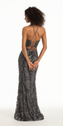 Strappy Lace Up Back Mesh Sequin Trumpet Dress with Leaf Detail Image 5