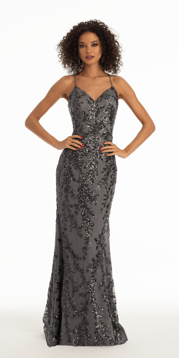 Strappy Lace Up Back Mesh Sequin Trumpet Dress with Leaf Detail Image 2