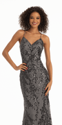 Strappy Lace Up Back Mesh Sequin Trumpet Dress with Leaf Detail Image 3