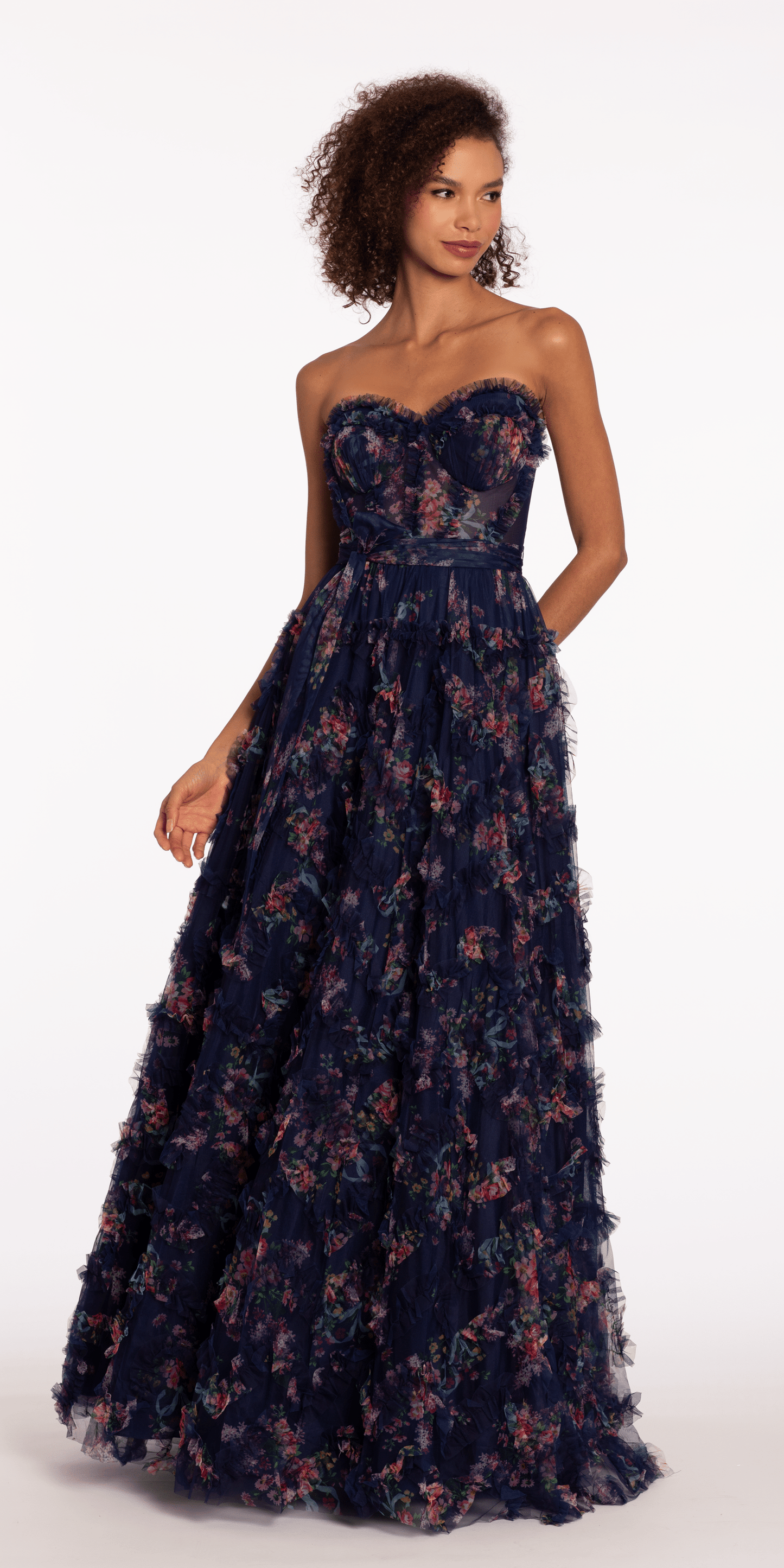 Camille La Vie Floral Tulle Corset Ballgown with Waist Tie