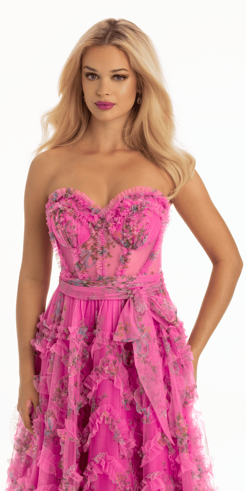 Floral Tulle Corset Ballgown with Waist Tie Image 3