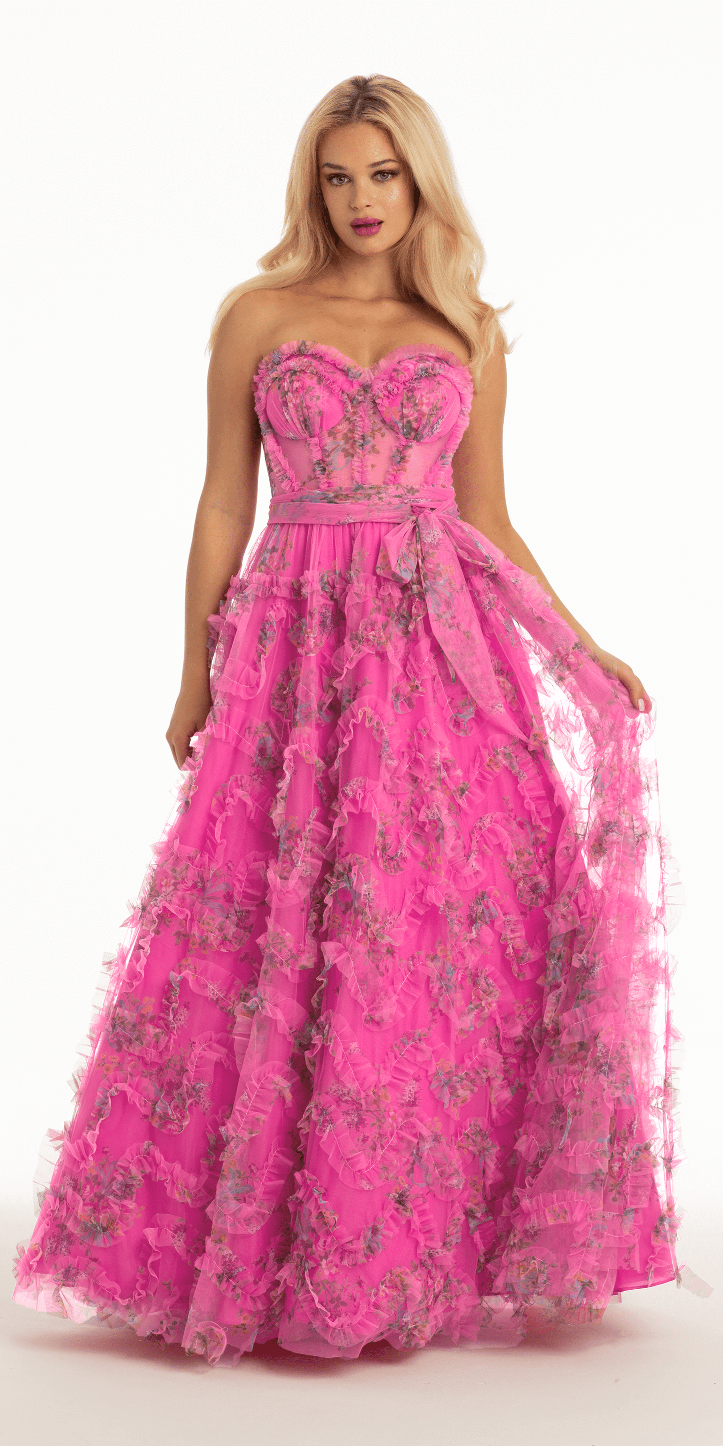 pink/size/2/missy/Camille La Vie/Floral Tulle Corset Ballgown with Waist Tie/front