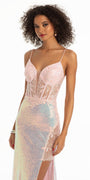 Iridescent Sequin Corset Column Dress with Exaggerated Slit and Sweep Train Image 2