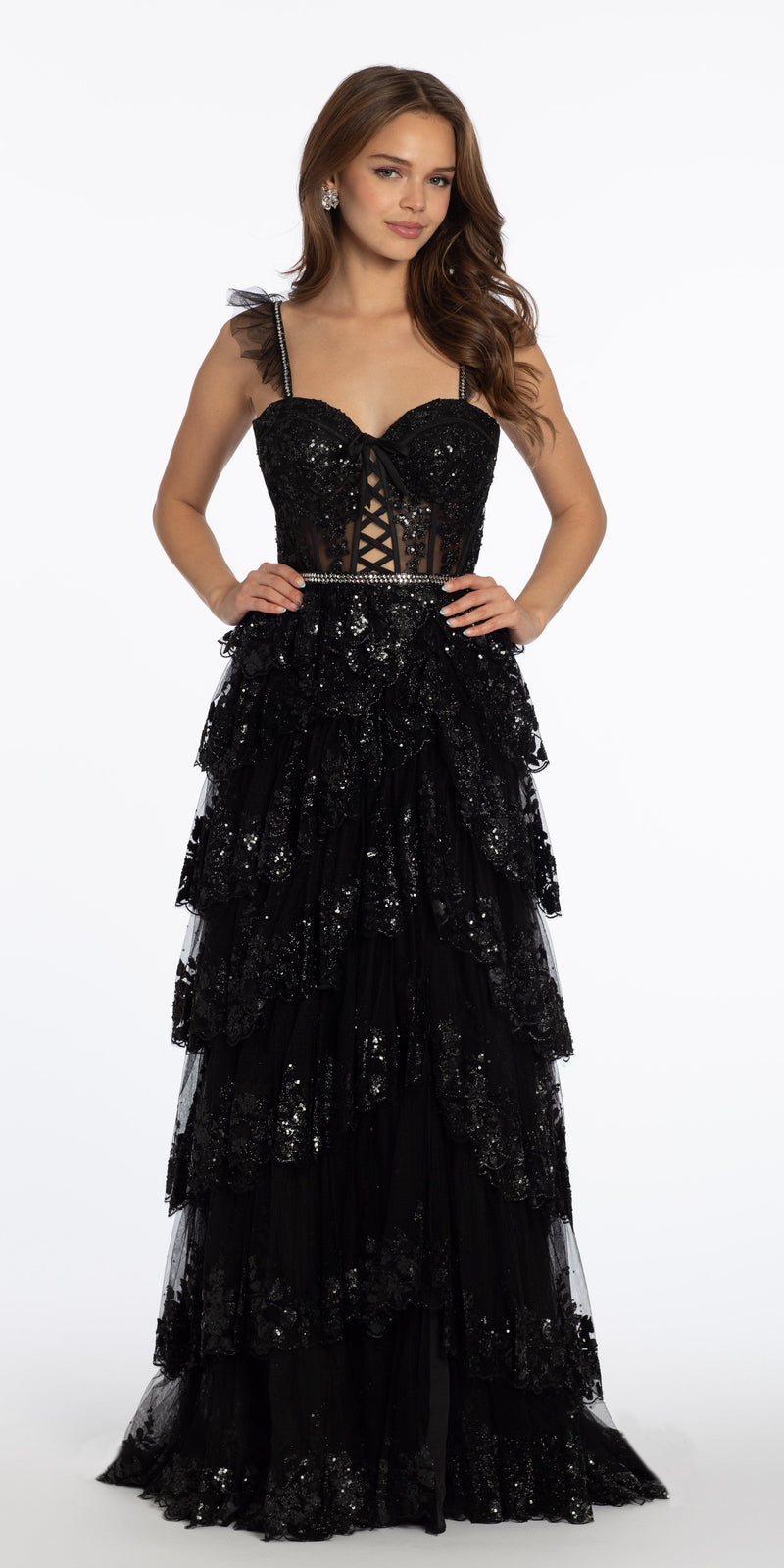 Glitter Mesh Corset Tiered Ballgown with Sequin and Ruffle Detail petite / 2 / Black Glitter Mesh Corset Tiered Ballgown with Sequin and Ruffle Detail petite / 2 / Black