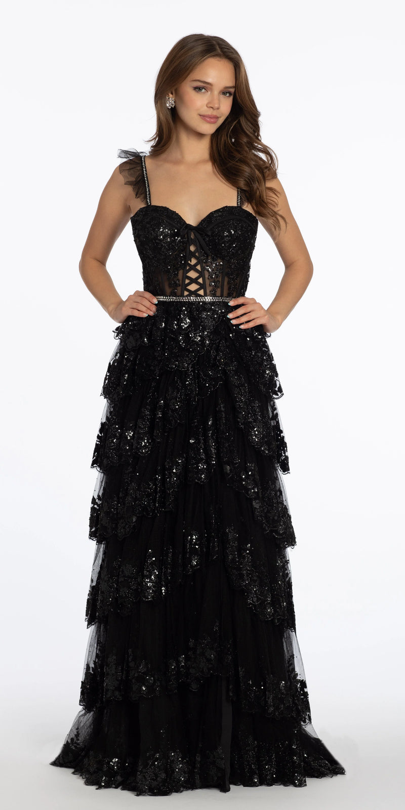 Glitter Mesh Corset Tiered Ballgown with Sequin and Ruffle Detail petite / 2 / Black