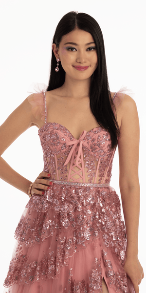 Glitter Mesh Corset Tiered Ballgown with Sequin and Ruffle Detail Image 3