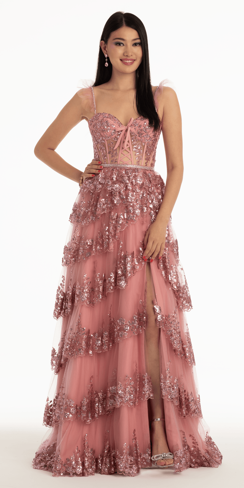 Glitter Mesh Corset Tiered Ballgown with Sequin and Ruffle