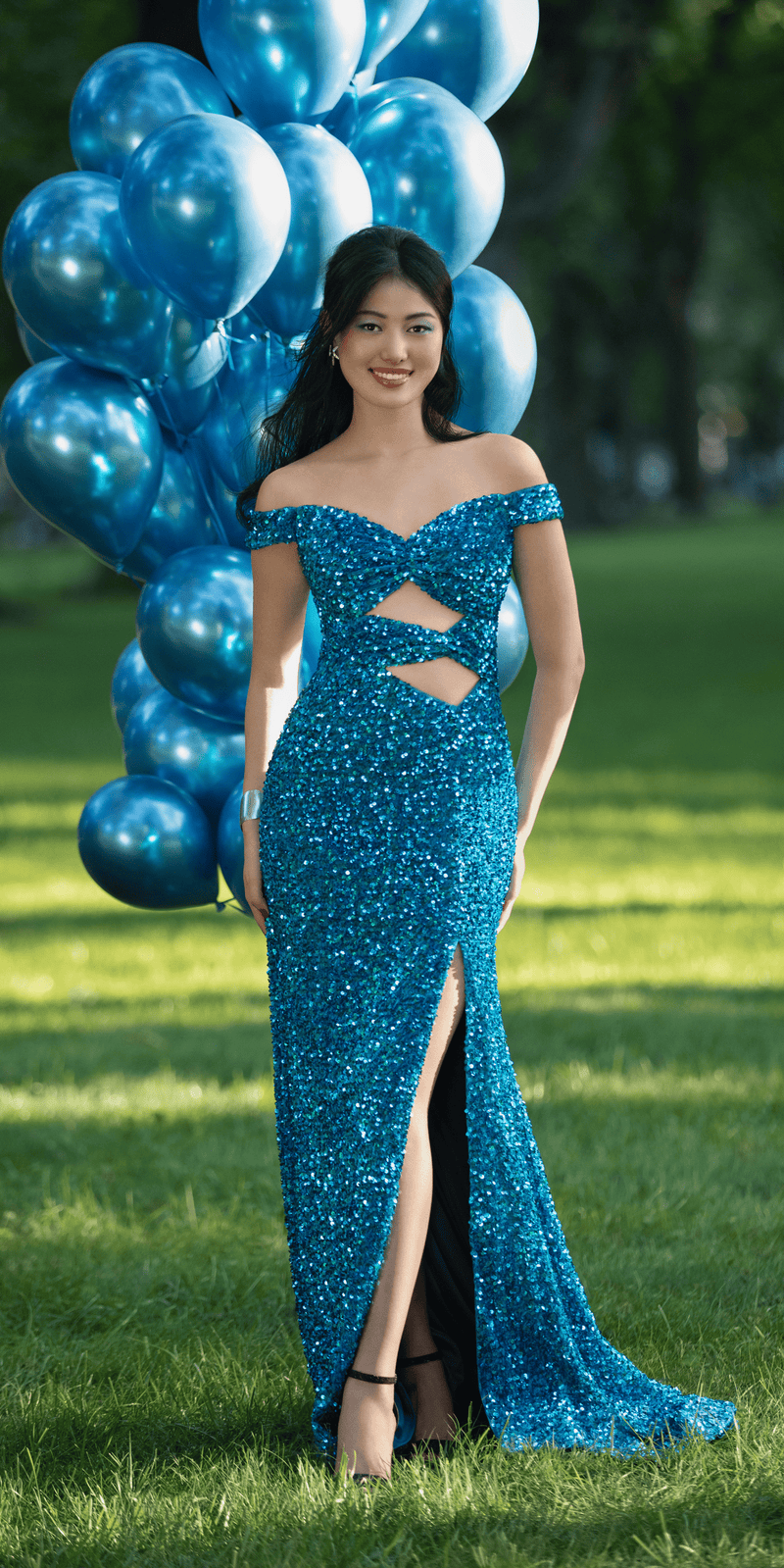 Velvet Sequin Off the Shoulder Cut Out Trumpet Dress Image 1