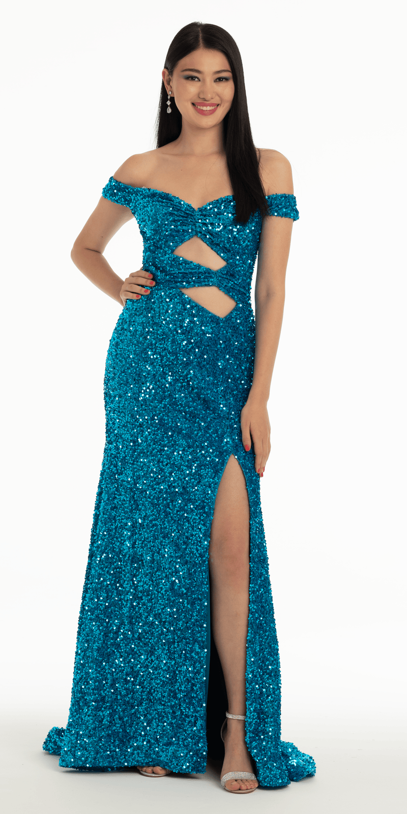 Velvet Sequin Off the Shoulder Cut Out Trumpet Dress Image 2
