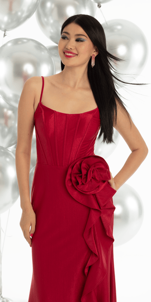 Satin Scoop Corset Trumpet Dress with 3D Floral Side Slit Image 6