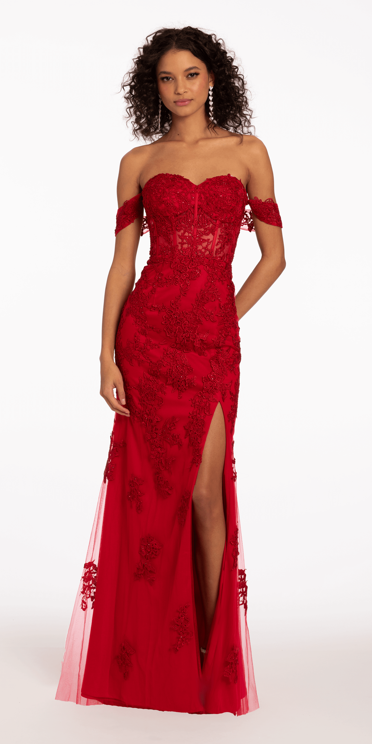 red/size/00/missy/Camille La Vie/Off the Shoulder Embroidered Corset Column Dress with Keyhole Back/front