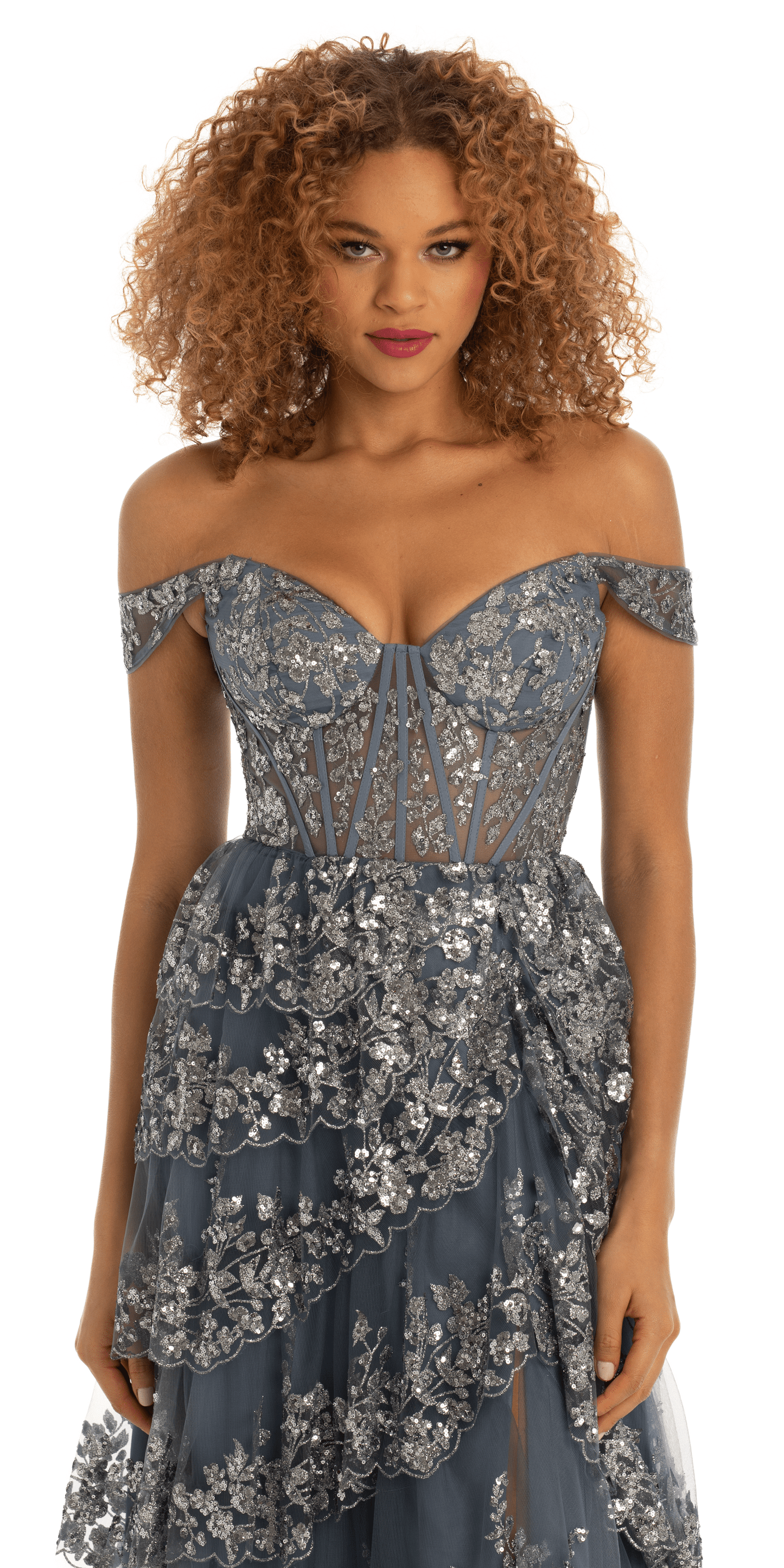 Camille La Vie Glitter Sweetheart Mesh Corset Tiered Ballgown