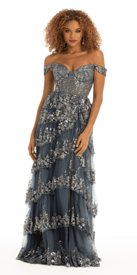 Rhinestone Studded Embroidered Plunging Glitter Trumpet Dress